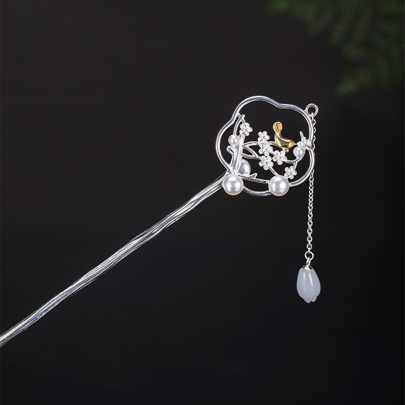 S925 sterling silver hanfu accessories hetian magnolia bird hairpin creative temperament super fairy magpie stepping hairpin