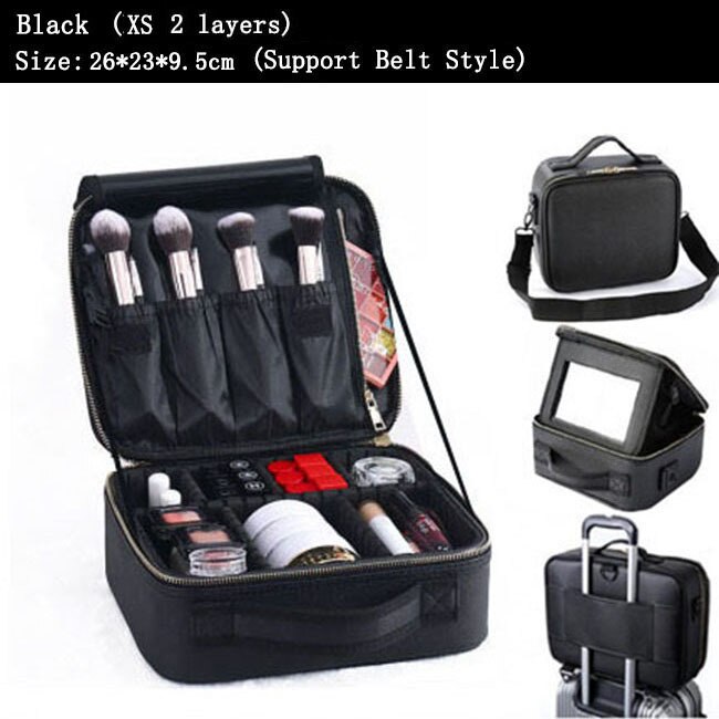 Kobiety PU skóra makijaż torba profesjonalny Manicure artysta torba na kosmetyki kobiece zestawy pełny Organizer na kosmetyki wózek Beauty Box: Black XS Mirror