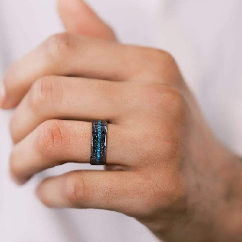 TIGRADE-Bandas de boda de tungsteno para hombre, 8MM, borde multifacético con arena negra y ópalo verde-azul, anillos de boda con incrustaciones, ajuste cómodo