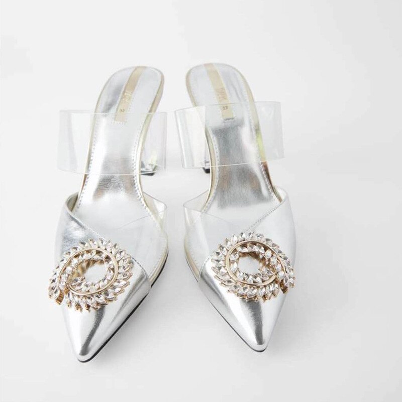 Summer Sandals for Women with Pointed V Shallow Chunky heel Transparent Belt With Crystal buckle Slingbacks