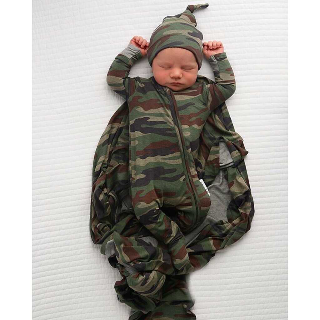 Newborn Baby Girls Boys Camouflage Romper Infant Cute Zipper Casual Jumpsuit Hairband Hat Set Toddler Long Sleeve Cotton Clothes