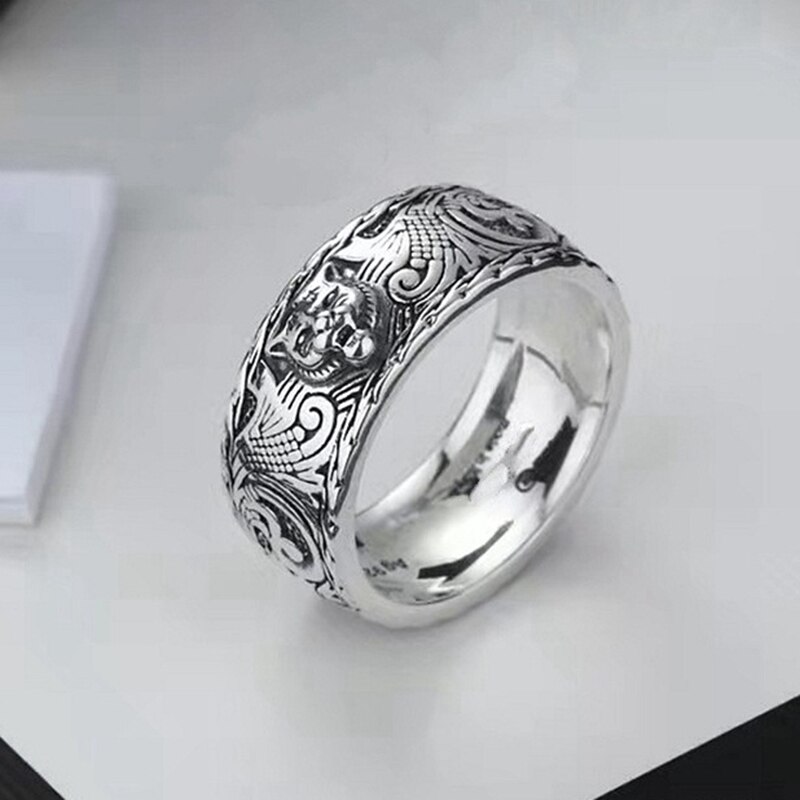 S925 Pure Silver Restoring Rings,Tide Restoring Ancient Ways Dark Tiger Man Couple Ring Double G Glamour Jewelry Letters