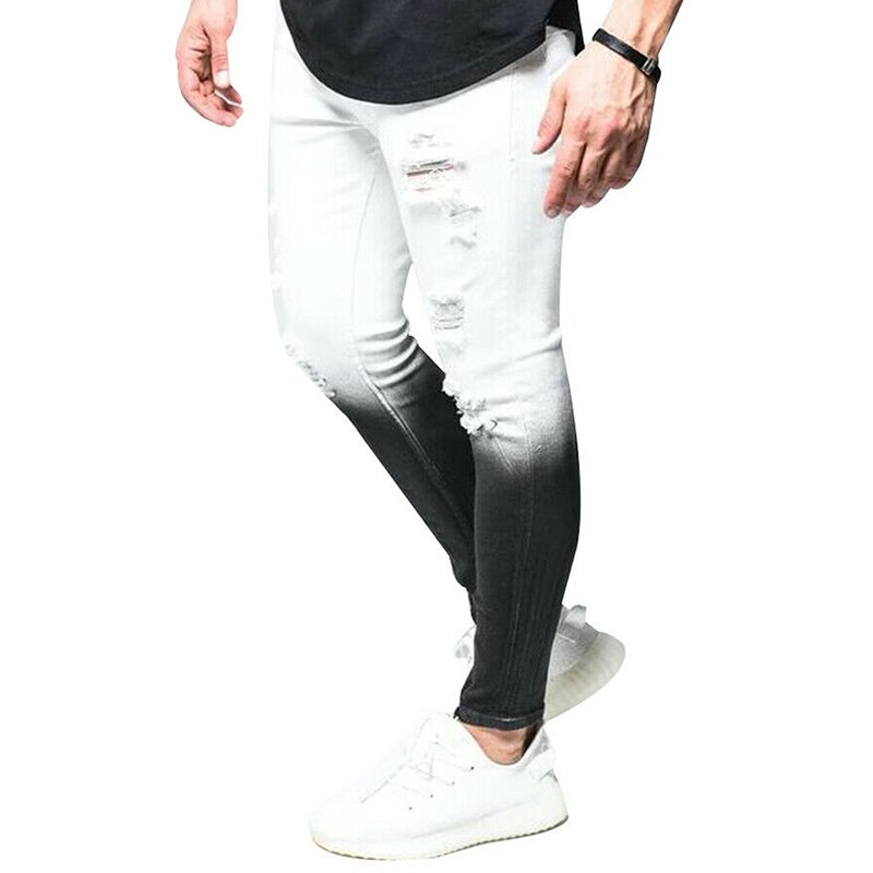Mode Mannen Skinny Jeans Hoge Veerkracht Ripped Jeans Slim Fit Denim Sportstrousers Streetwear Kleuraanpassing Ritsen Skinny