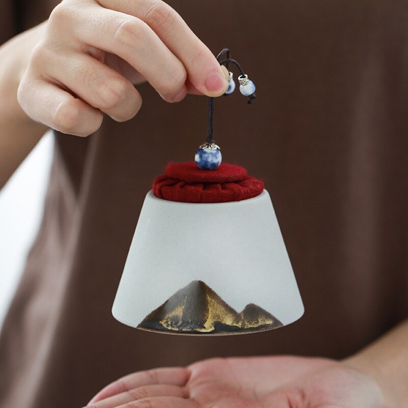 Small Tea Caddy Hand-Painted Small Portable Ceramic Sealed Tea Jar Tea Caddy Tea Container Tea Storage Box Pet Urn Canister