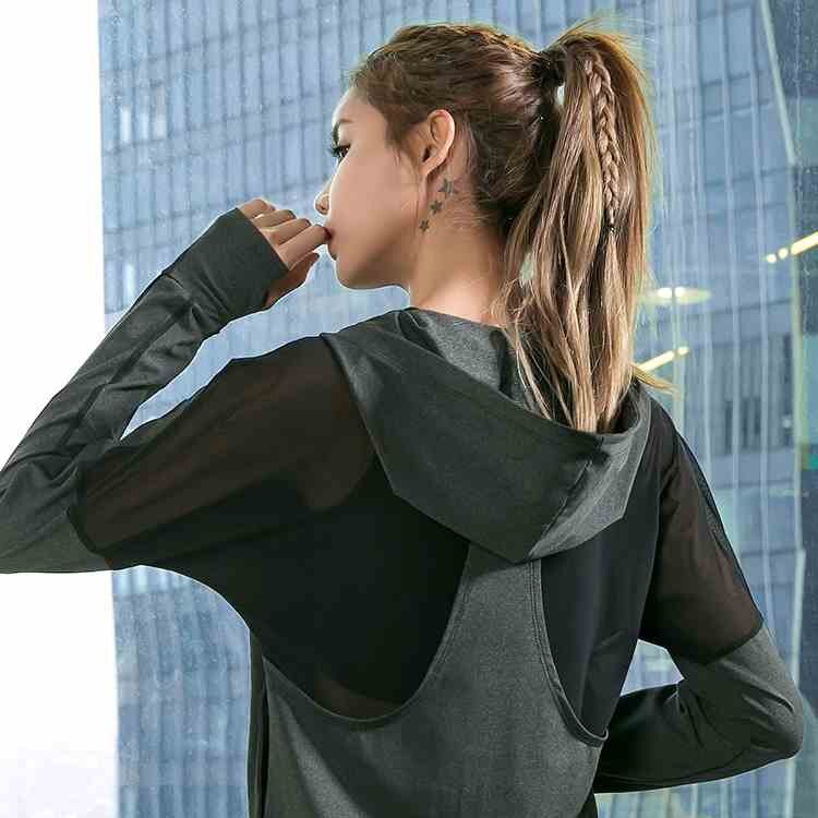 Nyeste mesh hætteklædte yoga sport jakke kvinder anti-sved nylon løb jogger frakke elastisk fitness jakke top med tommelfinger huller: S