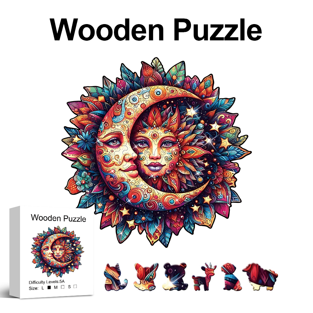 Puzzle in legno Sole e Luna per adulti, pezzi dalla forma unica, confezione regalo raffinata, esercizio per il cervello, decorazione per la stanza, regali per le vacanze