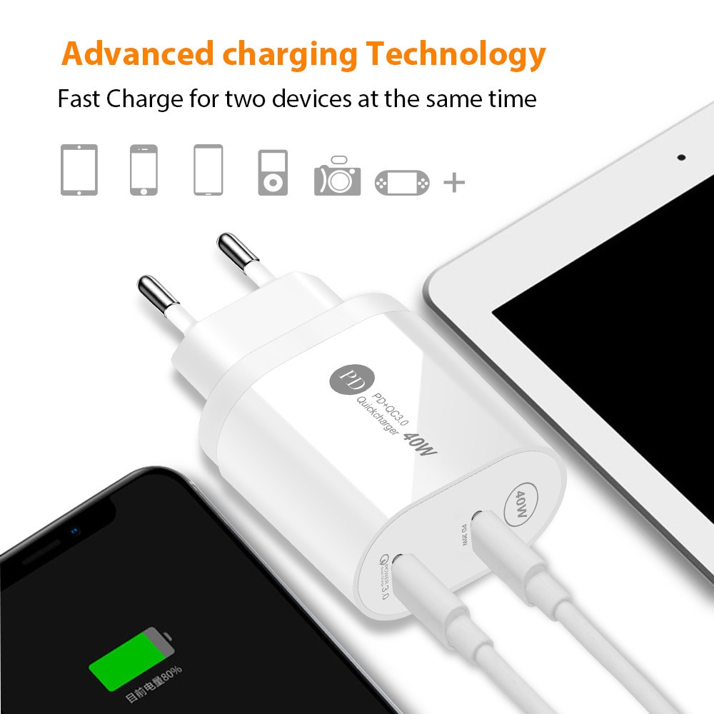 Szybka ładowarka Electop 40W Dual PD USB type-c QC 3.0 szybka ładowarka do iPhone 13 12 11 Pro Max X Xr iPad uniwersalny Adapter