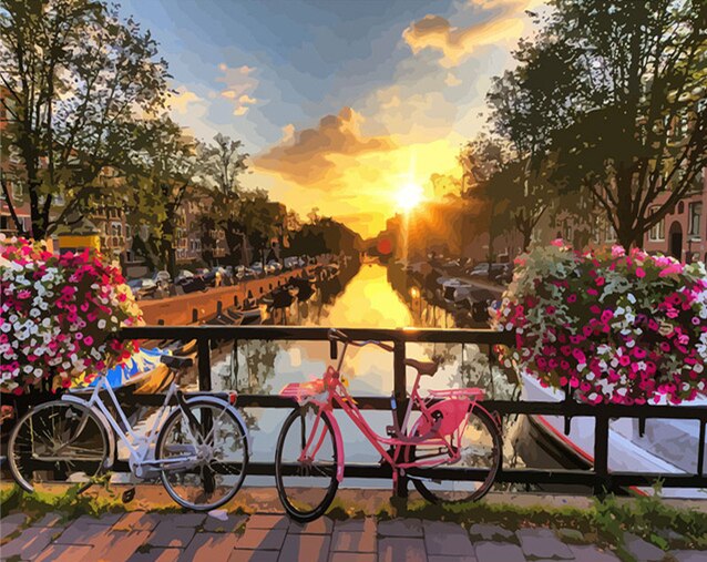 HUACAN, DIY, pintura al óleo por números, Kits de atardecer, dibujo de paisajes, cuadros pintados a mano, bicicleta, paisaje, decoración del hogar: SZHC1-097
