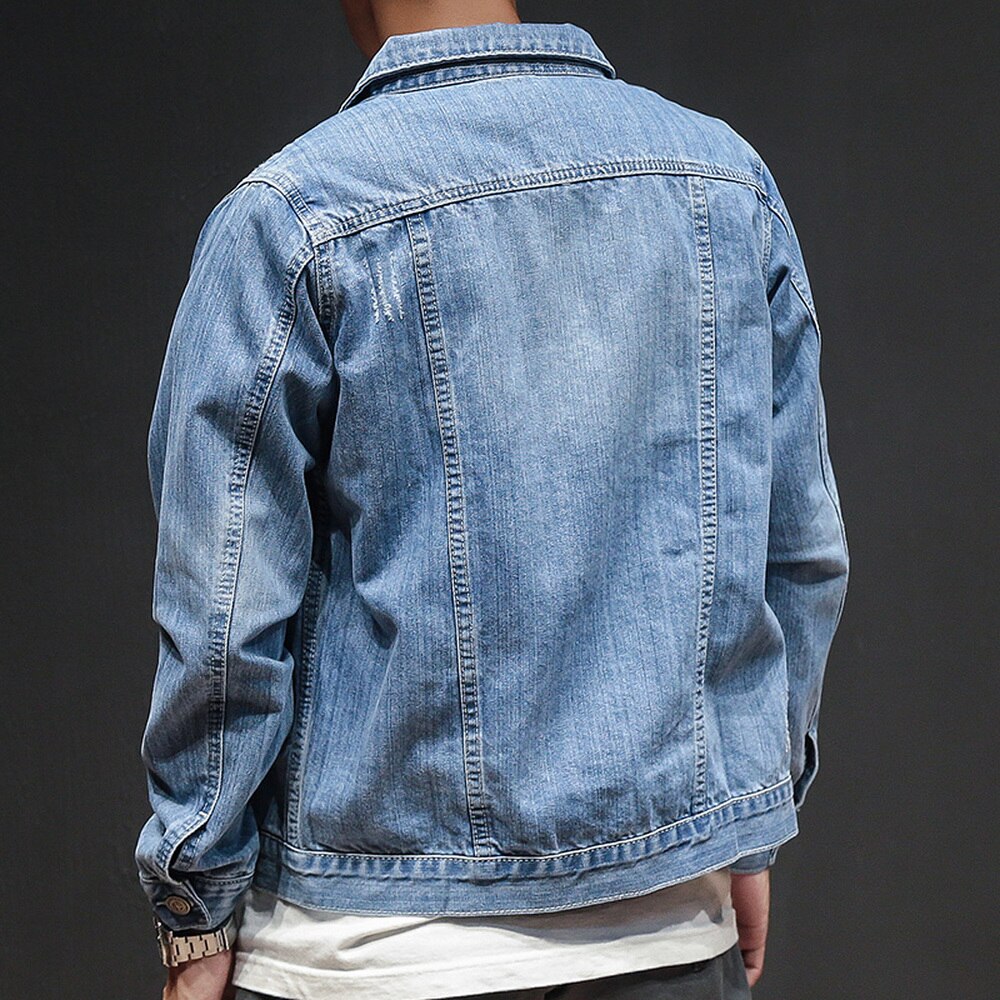 Distressed Blue Denim Jacket men Autumn Ripped Jeans Coat Male Slim Fit Casual Coats Solid Simple Plus Size 3XL Top