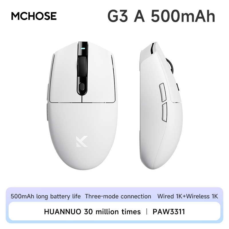 MCHOSE G3 Tri-Mode draadloze gamingmuis-PAW3311-sensor, 2.4G/Bluetooth/bedraad, ultralichte muis Ergonomisch voor pc/laptopgaming: WHITE