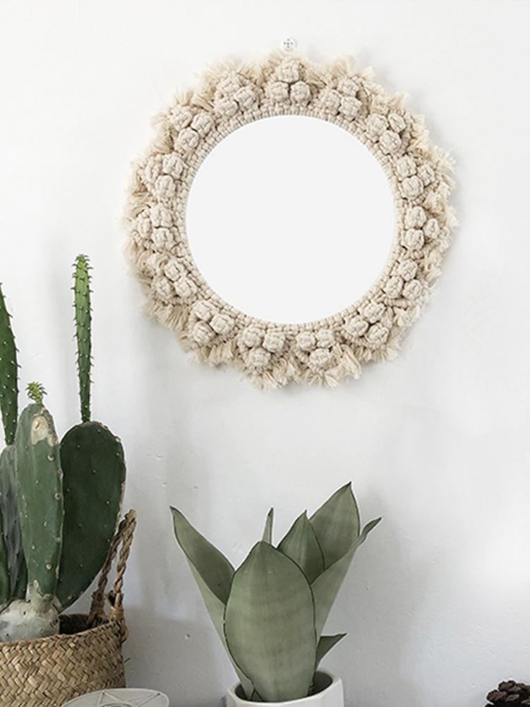 Round Lace Wall Hanging Mirror Art Deco Hand-made Cotton Rope Round Mirror For Living Room