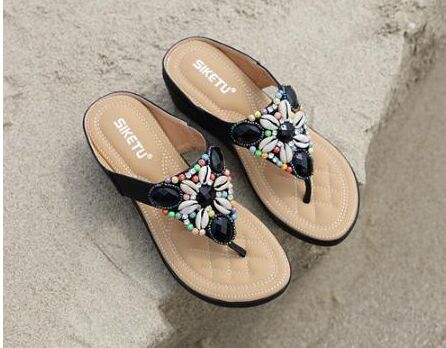 SIKETU brand beach seaside Bohemia Beaded slope and large Sandal: Beige / 37