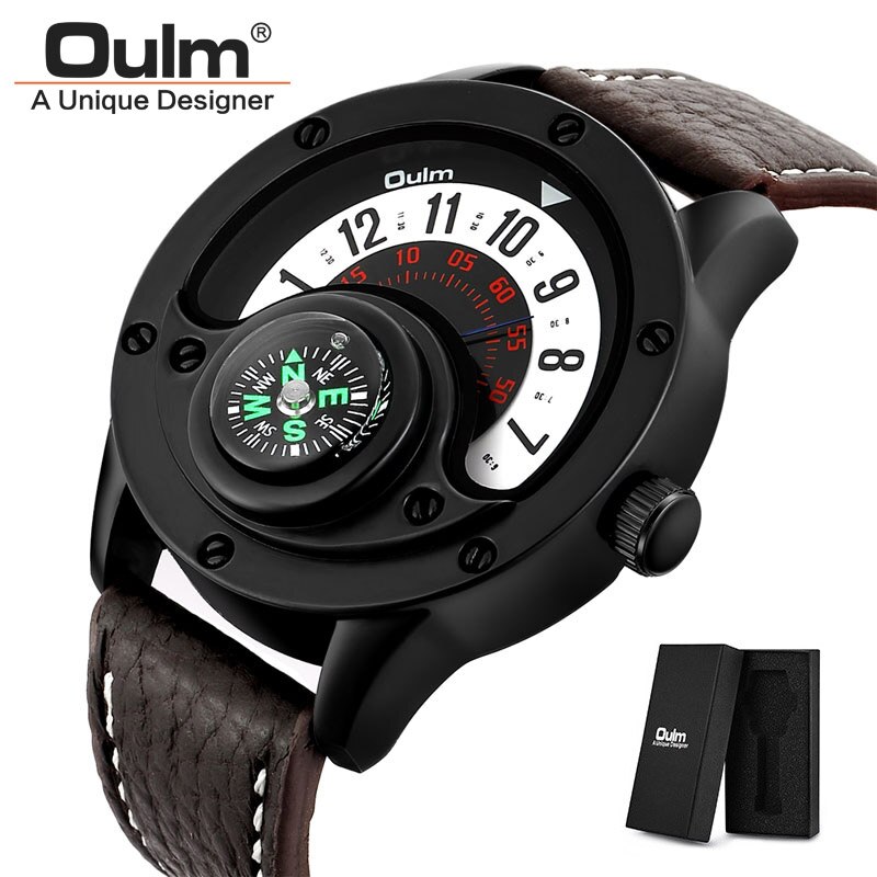 Oulm 3880 Mannen Luxe Sport Quartz Horloge Mannen Lederen Horloges Decoratieve Kompas Big Size Man Horloge Relogio Masculino