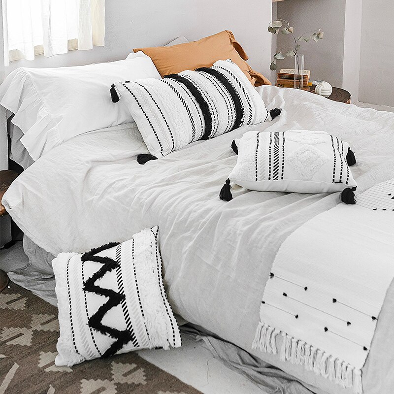 Dunxdeco pudebetræk dekorativ tufting pudebetræk moderne enkel marokko hvid sort geometriske kvaster sovesofa coussin