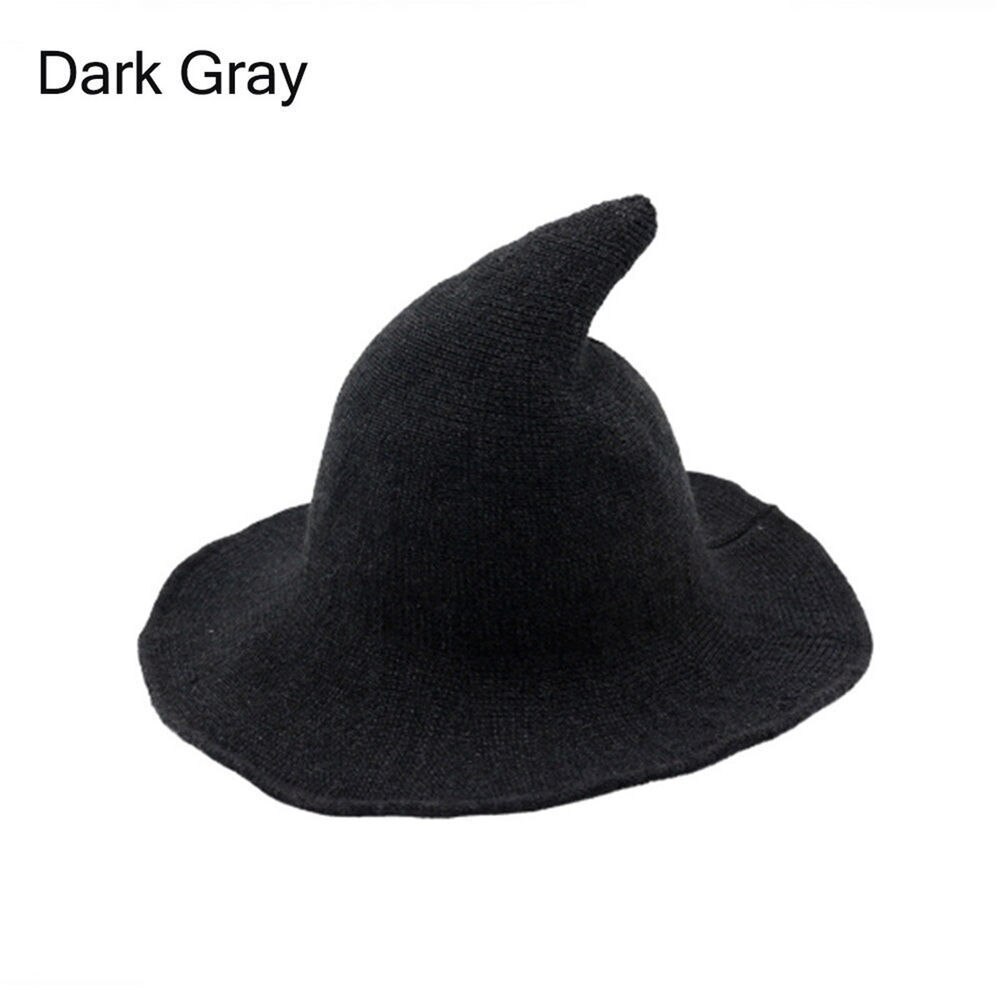 Nyeste kvinder moderne hekse uld hat foldbart kostume skarpt spids uld filt halloween fest hatte hekse hat varm kasket: Mørkegrå