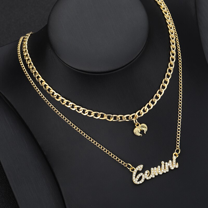 Creatività europea doppio strato zircone collana gioielli ragazze 12 costellazione zodiaco collana di cristallo lettera per le donne: Gemini