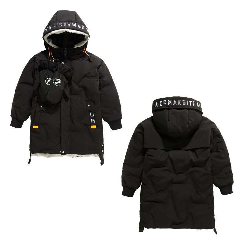Jungen Winter Mäntel freundlicher knapp Mittel-Lange Starke Warme Hoodie Jacke Winddicht Kleidung Freies Handschuhe Art Mantel