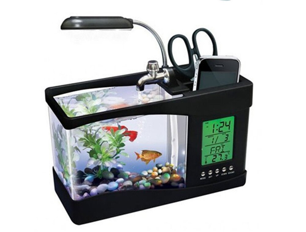 USB Mini Aquarium Fish Tank Aquarium with LED Desk Lamp Light LCD Display Screen Clock Fish Tank Aquarium Ecosystem With Light