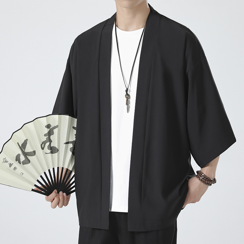 Summer Men Solid Color Kimono Cardigan Big Size 3XL Women Simple Haori Japanese Traditional Costume 6 colors Yukata Kimono Coat: XS / black