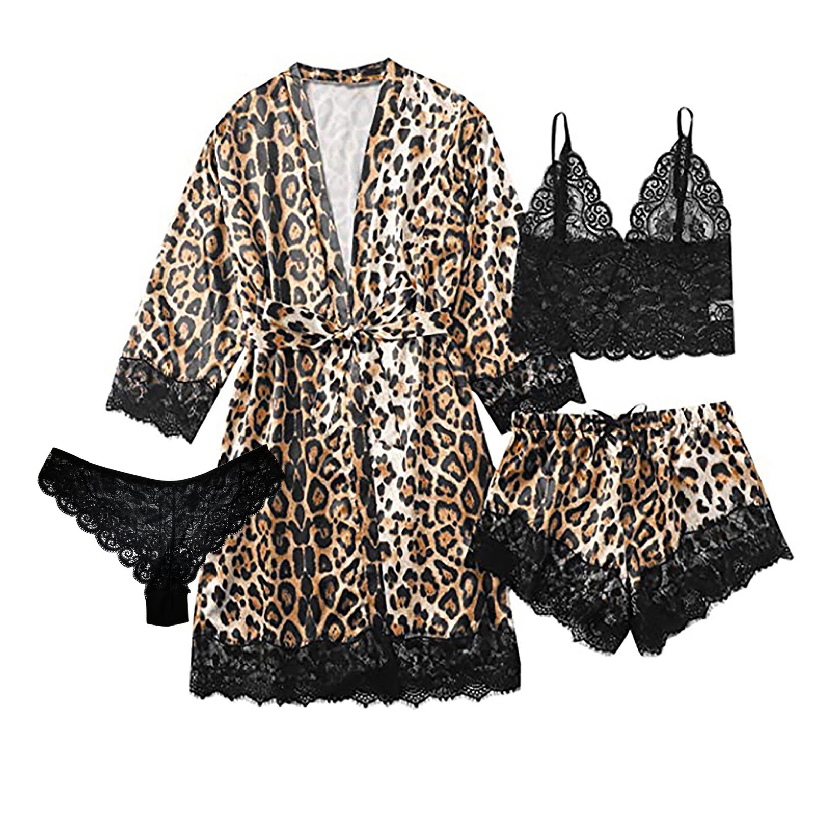 Satin Lace Pajamas Sets Plus Size Sexy Lingerie Women Silk Leopard Robe Satin Bathrobe Sleepwear Pajamas Nightwear Bath Gown