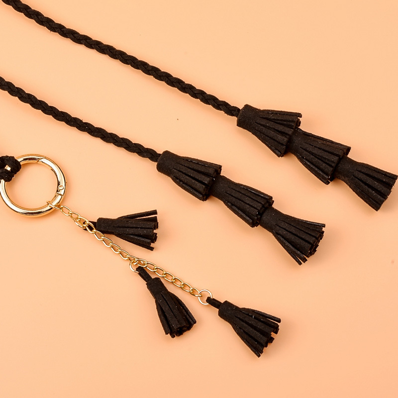 KASURE Womens' PU Leather Knitted Tassel Waist Belt Bohemia Woven Wax Rope Belt Summer Skirt Dress Decorative Belts: black
