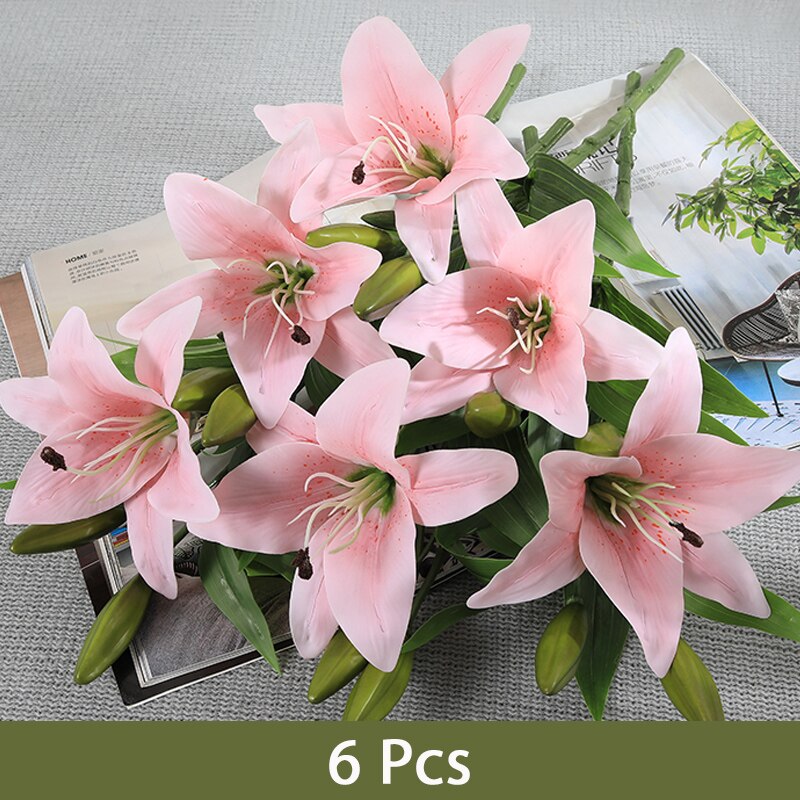 6 stk kunstige blomster lilje latex liljer skønhed for evigt bryllupsblomster flores artificiales para decoracion hogar: Lyserød lilje