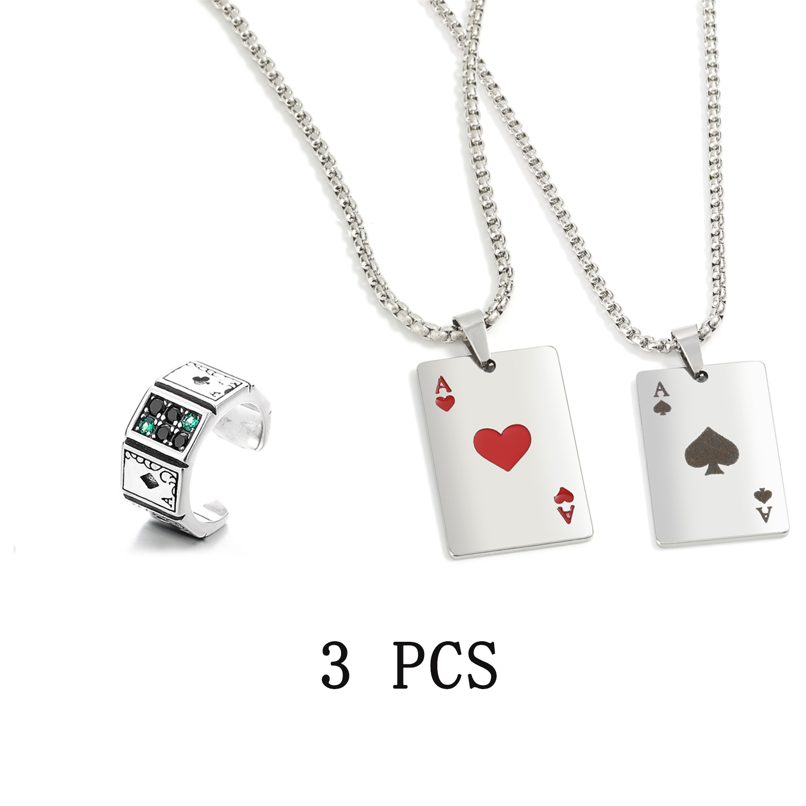 2- delt sæt hiphop statement rustfrit stål pokerkort es i spar halskæde til kvinder og mænd vedhæng kæde spillekort smykker: Stålfarve