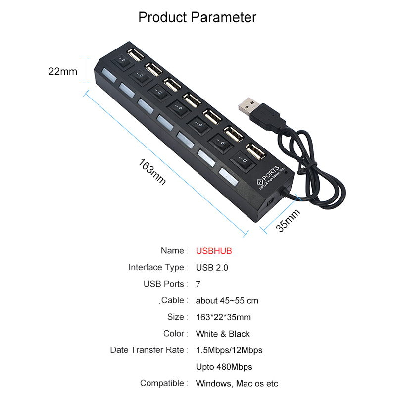 Multi 7 port usb hub 2.0 adapter 7 porte hub usb tænd/sluk-knap bærbar usb splitter højhastigheds til computer laptop nyeste