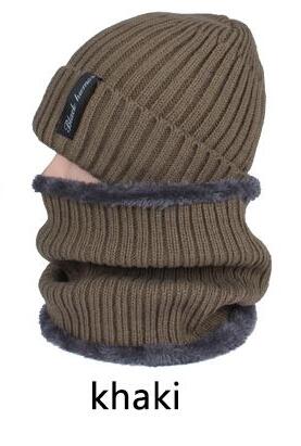 Frauen Mützen Hüte Schal einstellen Winter Hüte Für Männer Frauen Warme Wolle Rippen Gestrickte Kappe Und Schals Anzug Männlich Schwarz motorhaube Skullies: Kakifarbig