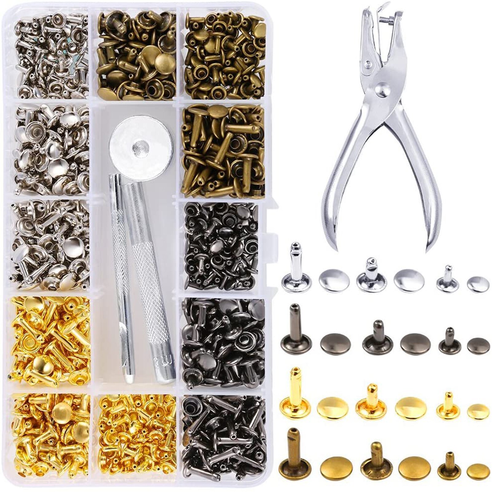 360 Sets 3 Sizes Leather Rivets Double Cap Rivet Tubular Metal Studs with 4 Fixing Set Tools for DIY Leather Craft