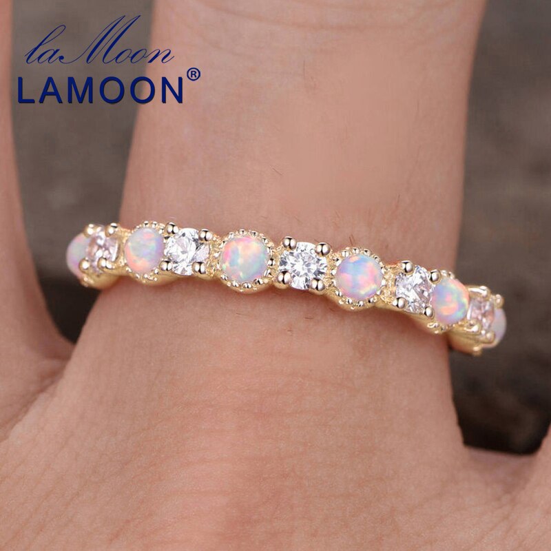 LAMOON 925 Sterling Silver Trendy Rings Birthstone Opal Ring in Engagement Bands for Women 14K Gold Plated Fine Jewelry LMRI125