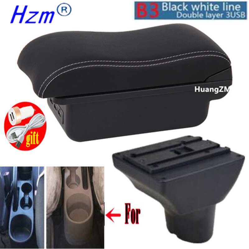 For Hyundai I20 Armrest Interior Parts special Retrofit parts Car Armrest Center Storage box with USB LED light Curved surface: B3  white line 3USB