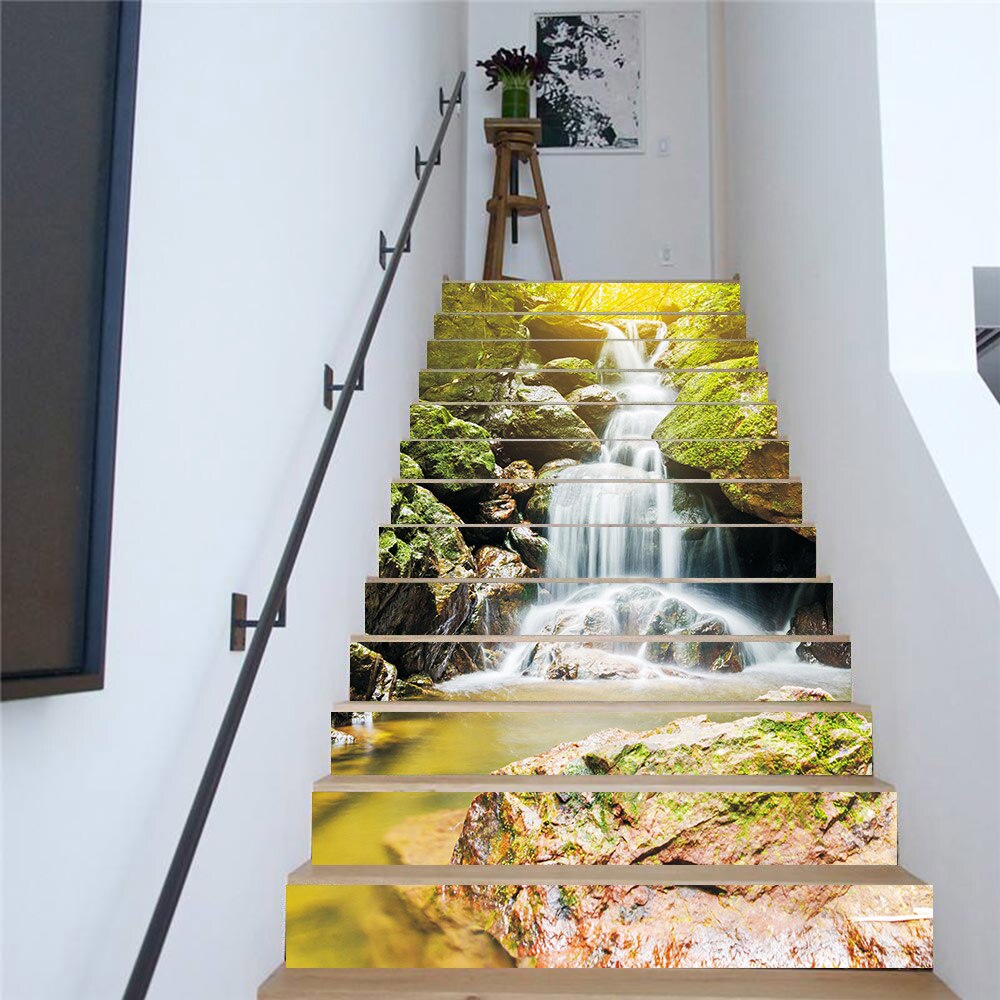 13 unids/set 3D escaleras pegatinas impermeable desmontable auto-adhesivo pared piso calcomanías murales adhesivos decoración para el hogar cascada 18*100cm