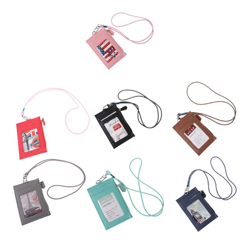 Women Business Card Holder Wallet Men PU Leather ID Cards Holders Case Neck Strap Lanyard Ladies Mini Slim Wallets Y3NE