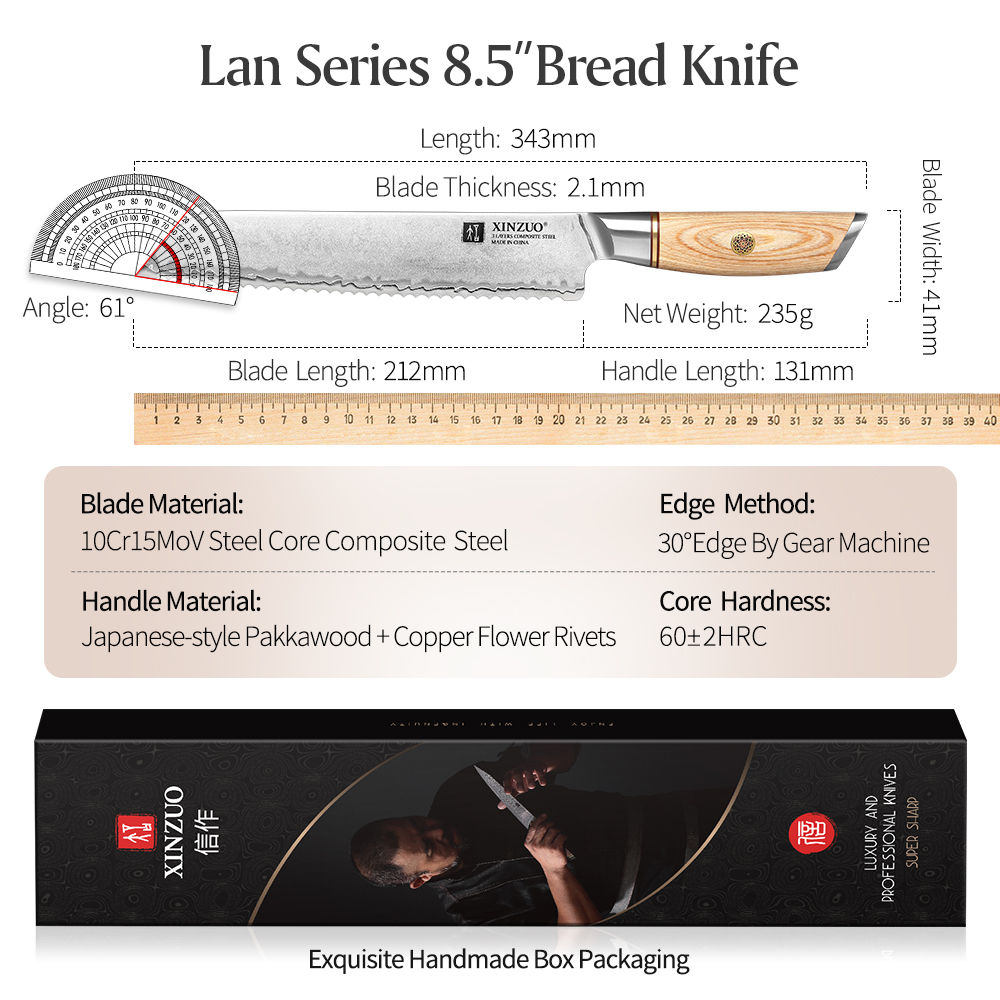 XINZUO 8.5" Bread Knife 60+2HRC Composite Steel With Japanese Pakkawood Handle Bread Knife Kitchen Accessories