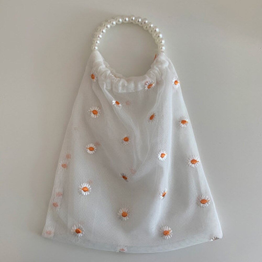 Nueva bolsa de tela transparente para mujer, bolsa para compras cómoda con pequeñas margaritas y apliques de malla, bolsa de tela bordada, bolsa ecológica: white