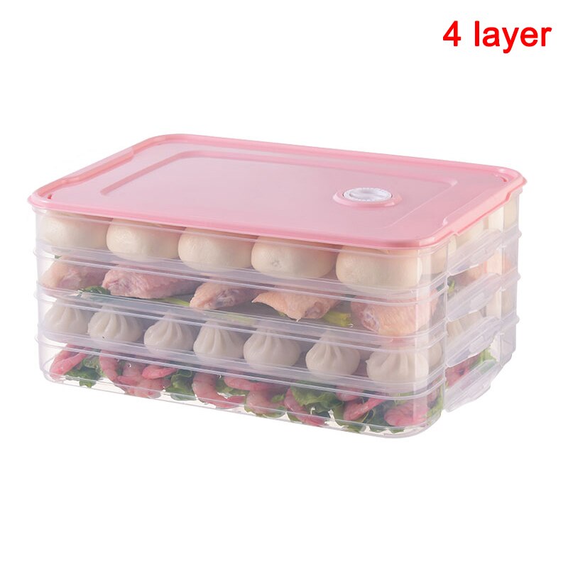 Container Airtight Food Preservation Tray Refrigerator Dumplings Storage Organizer Box with Lid FAS: pink-4 layers