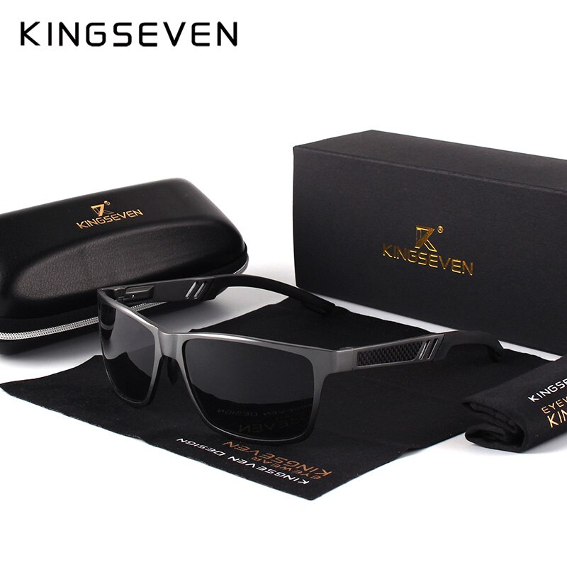 Kingseven mænd polariserede solbriller aluminium magnesium solbriller kørebriller rektangel nuancer til mænd oculos masculino mand: Pistolgrå