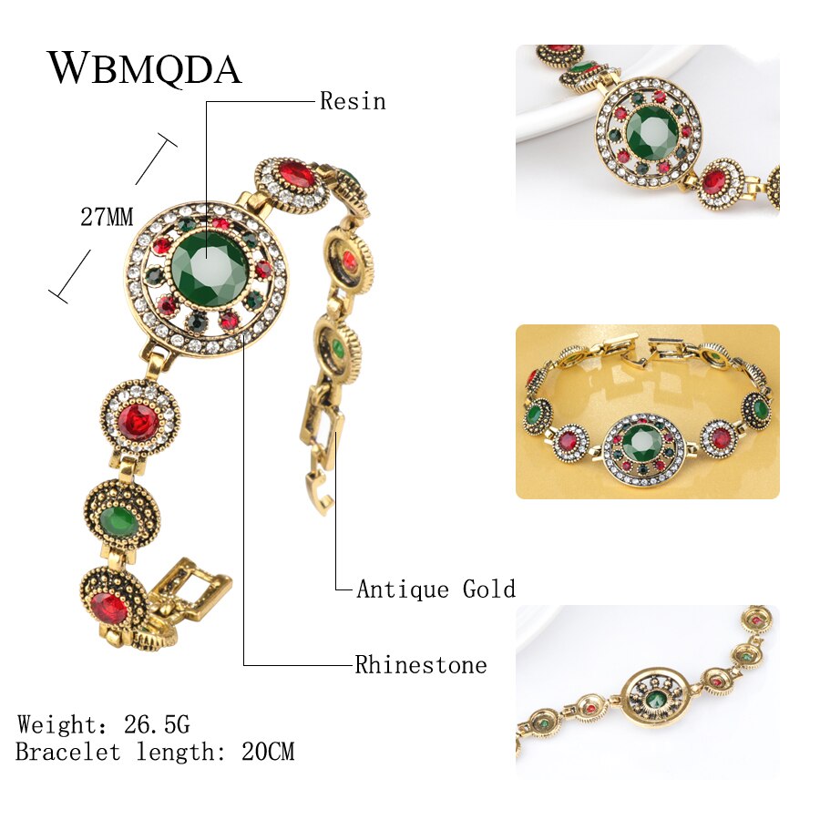 Wbmqda Big Stone Crystal Flower Armbanden Voor Vrouwen Antieke Gouden Kleur Indian Vintage Sieraden Turkse Armband