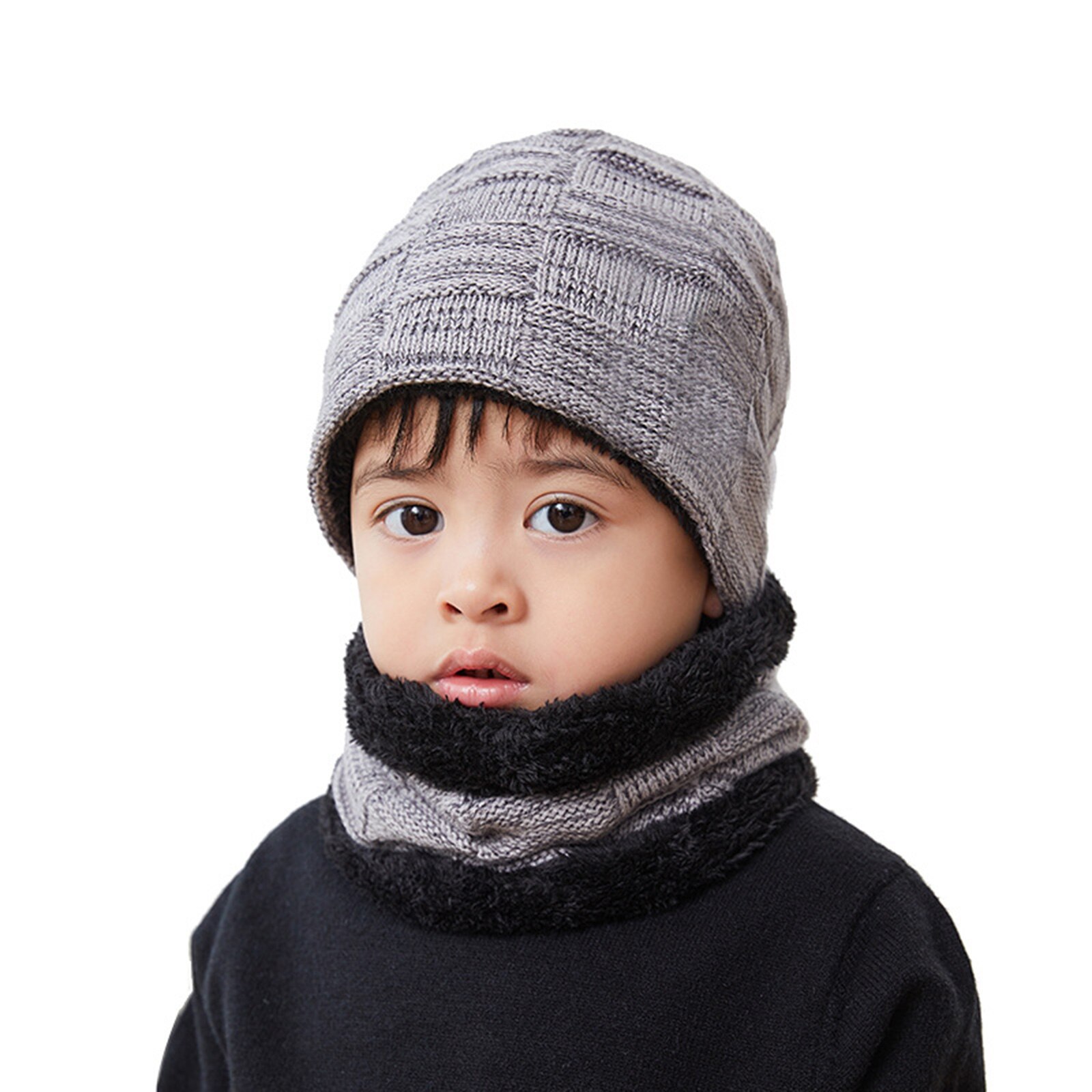 Winter Beanie Hat Scarf Set Thick Fleece Lined Warm Knit Ski Hats for Men Boy &T8: Gray Children