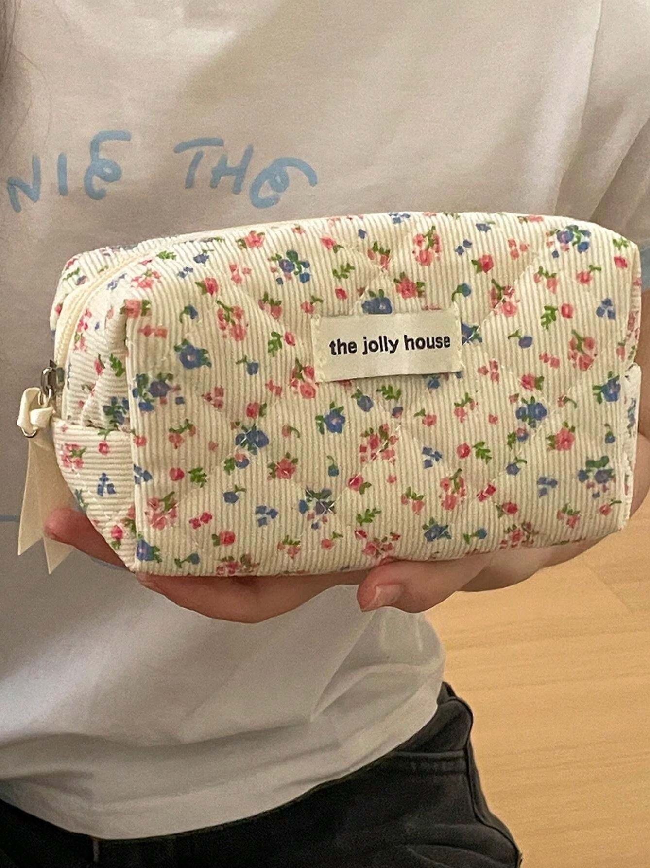 Lovely Floral Stitching Corduroy Cosmetic Bag For Storing Skin Care ltems Lipsticks Accessories Travel Necessity Birthday
