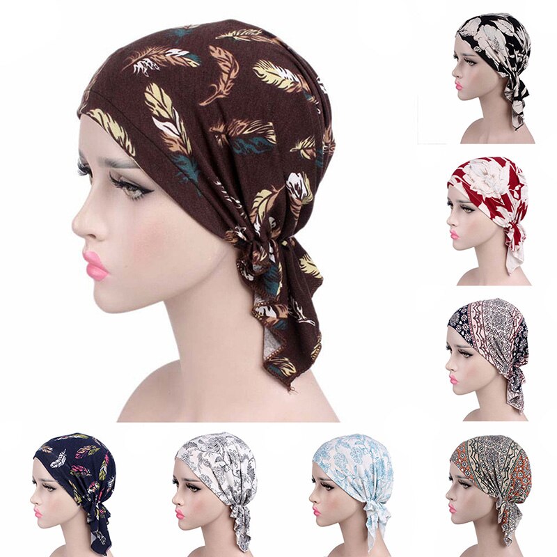 Women Feather-print Turban Hat Long Hair Hat Night Sleep Cap Lady Hair Care Bonnet Headwrap Muslim Hat Indian Hat