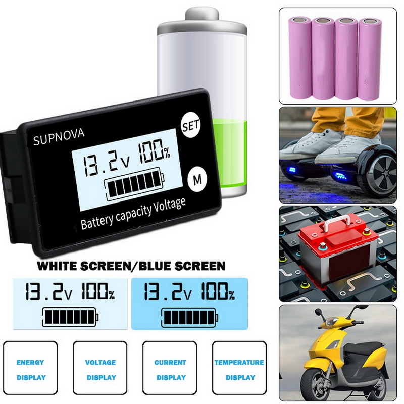 LCD Battery Capacity Monitor Indicator Meter Lead Acid Lithium LiFePO4 Car Motorcycle Voltmeter Gauge DC 8V-100V