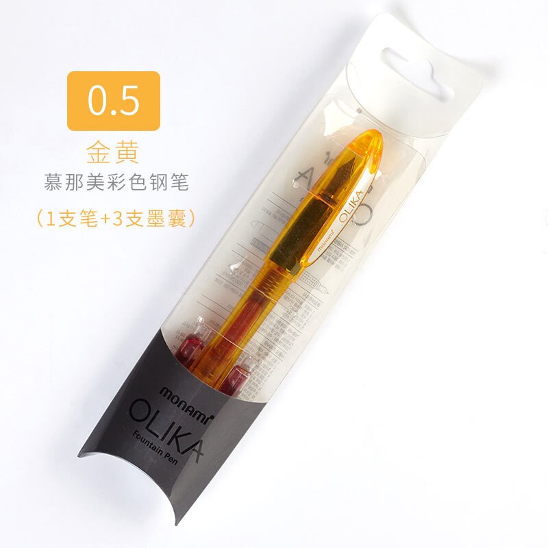 Korean Monami OLIKA Transparent Candy Color Ink Fountain Pen Set 0.5mm Meduim Fine Nib School PVC Plastic Sign Pen Ink Cartridge: Yellow 0.5mm Set