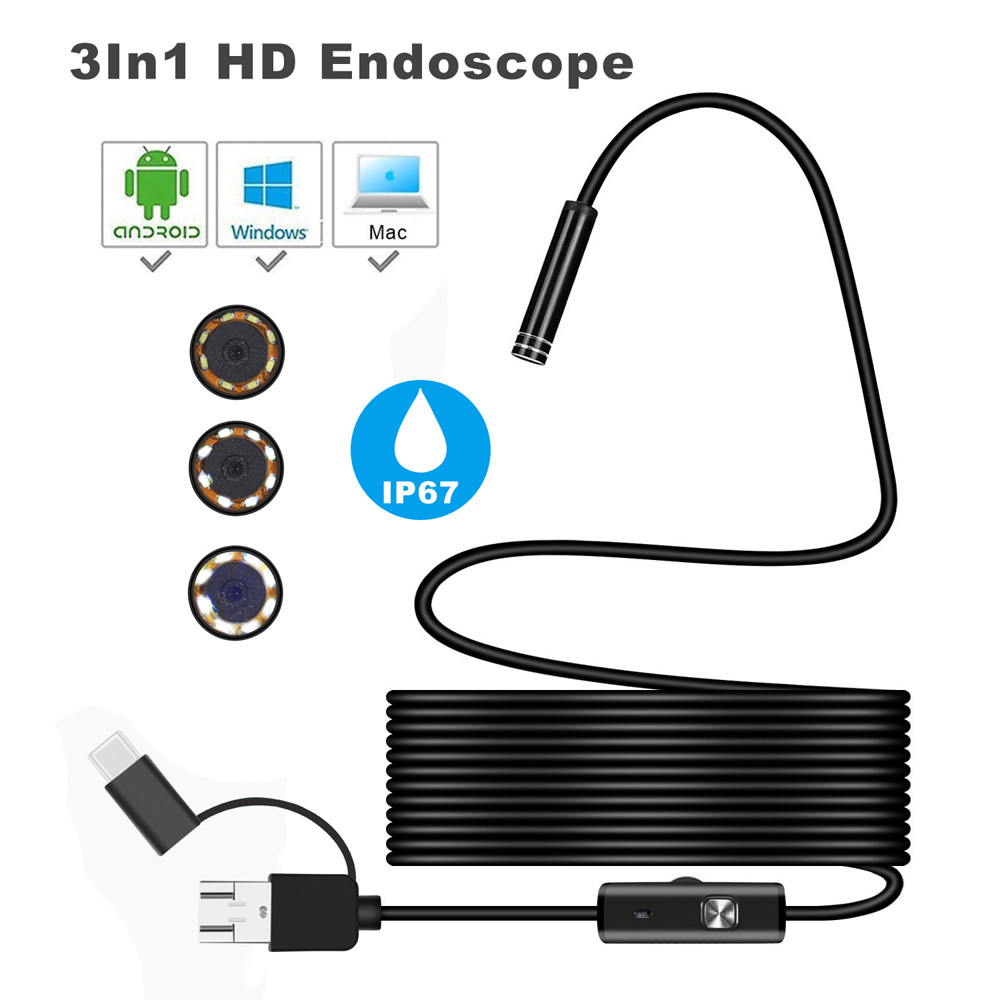 3in1 8mm lens Camera Endoscope Waterproof Hard Flexible Tube Mirco USB Type-C Borescope Video Inspection for Android Z0401