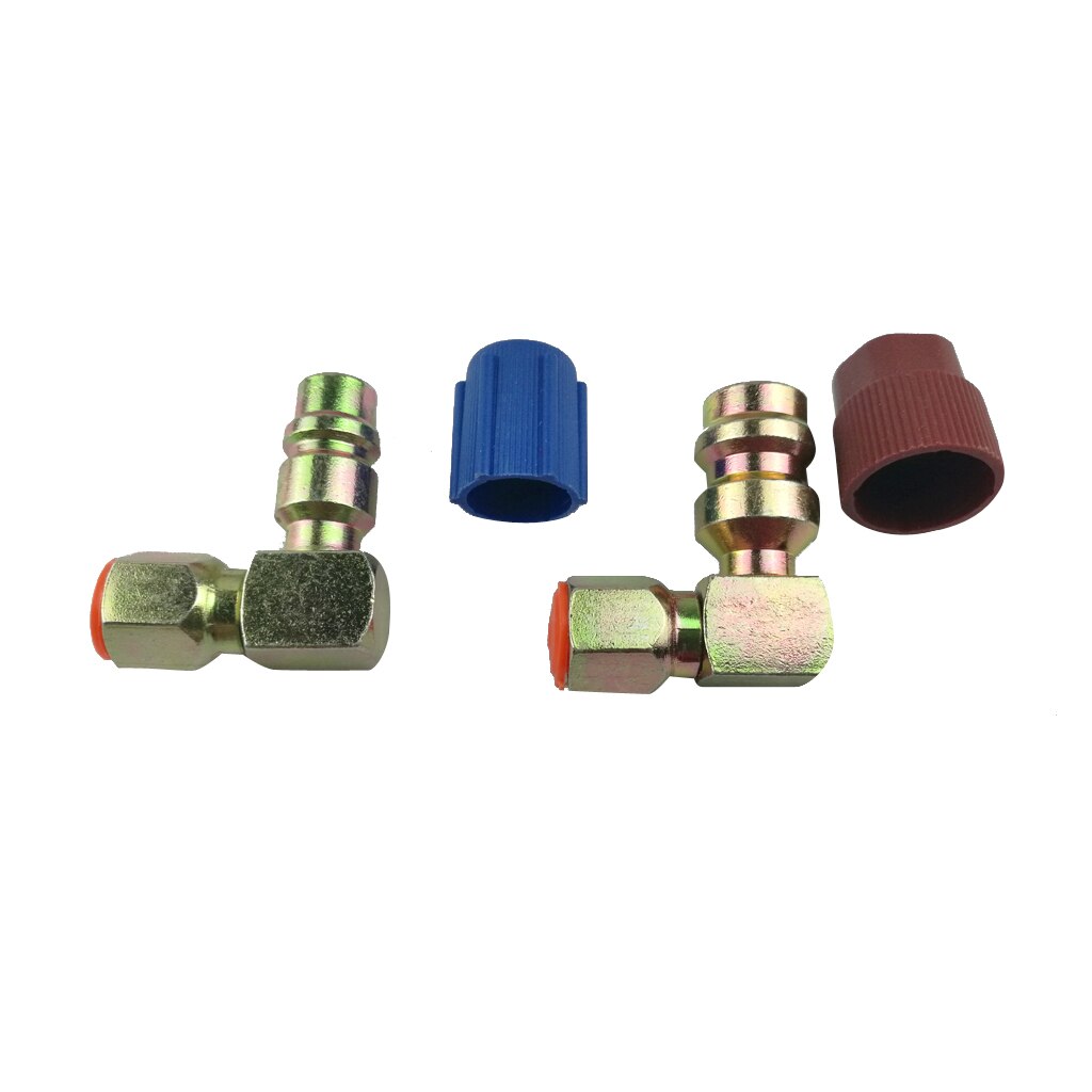 Pair A/C Adapter Retrofit 7/16L 3/8H R12 To 134a 90 Degree Blue+Red Caps