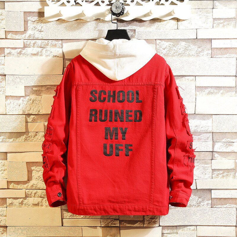 #3446 Red White Yellow Black Ripped Punk Denim Jacket Men Letters Print High Street Hip Hop Jeans Jacket Harajuku Spring Autumn