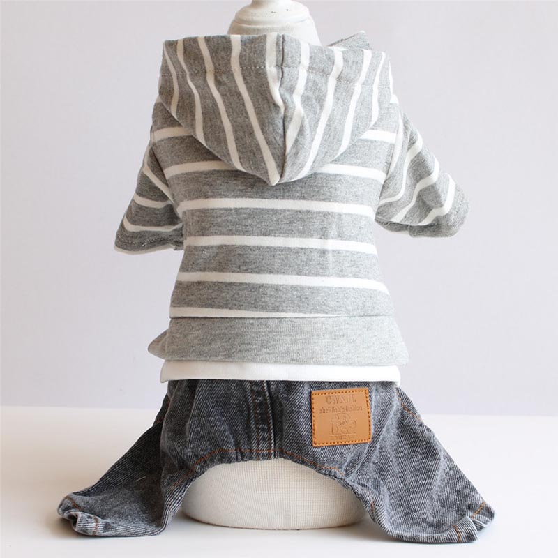 Spring Stripe Pet Dog Clothes for Small Dogs Jeans Dog Overalls Puppy Cat Denim Jumpsuit for Chihuahua Clothing Navy Gray XS-XXL: gray / S