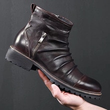 Yomior New Fashion Vintage brytyjskie męskie skórzane buty na co dzień okrągłe Toe Zip botki wiosna jesień strój biznesowy chelsea Boots