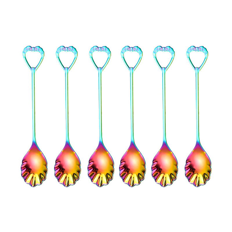 6pcs Shell Shape Spoon Fork Set Gold Stainless Steel Luxury Dinnerware Cake Afternoon Tea Dessert Tableware Silverware Kitchen: colorful spoon